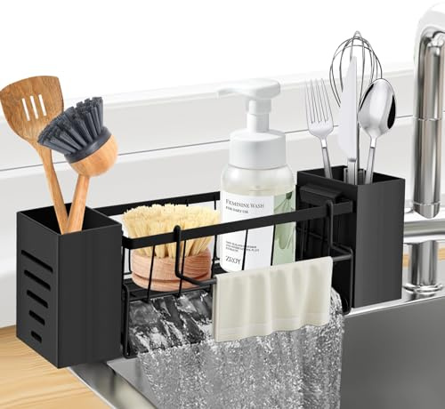 Vilomdur Spülbecken Organizer,Spülbecken Schwarz mit Abtropfschale & Handtuchhalter,Spülorganizer Küchen Organizer Spüle,Schwammhalter Küche für Spülmittel,Bürste,Spültuch (Schwarz)