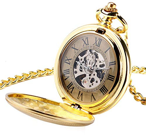 CAFIEDR Taschenuhr, luxuriöser Goldener Anhänger, Vintage, automatische mechanische Taschenuhr, offenes Zifferblatt, römische Ziffern mit Goldener Kette für Männer und Frauen