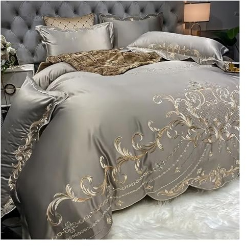 Conjunto de colcha , Sábana/juego de sábanas ajustables de cuatro piezas de algodón puro, funda de almohada de alta gama, funda de edredón, juego de cama Queen Compatible with boda(Gray,1.8m bed 4pcs)