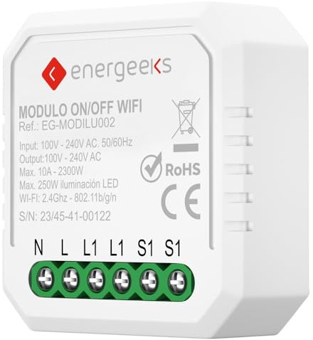 Energeeks - Módulo Interruptor WiFi Inteligente para Iluminación - Control a Distancia - Temporizador Integrado - Hogar Inteligente - Domótica - App Móvil - Compatible con Google y Alexa