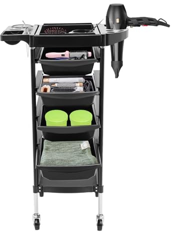 MINRS Chariot de salon de coiffure peu encombrant avec 4 tiroirs amovibles et support de sèche-linge - Chariot de coiffeur - Chariot de coiffeur - Pour coiffeur - SPA - Noir