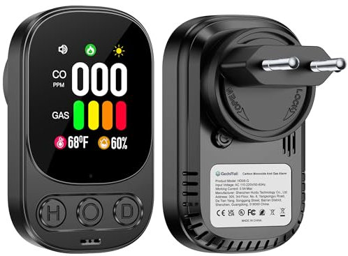 Gedsffati Détecteur de Gaz et Monoxyde de Carbone avec Prise pour Maison, Alarme de CO, Alarme de Gaz Combustibles pour Gaz Naturel LPG Méthane Propane Butane, Noir, HD08-G