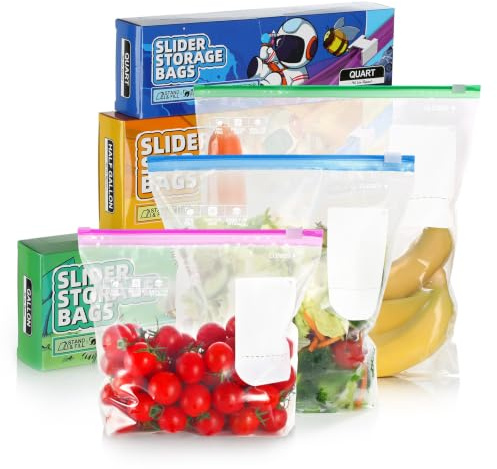 Tuocal 75 Pcs Freezer Bags, Zip Lock Bags Food, Sandwich Bag, Ziplock Bag | 3 Sizes(4.55L, 2.27L, 1L) Expandable Bottom, BPA Free, Zip Seal, Reusable, for Fruit Vegetables, Meat, Snacks Food Storage