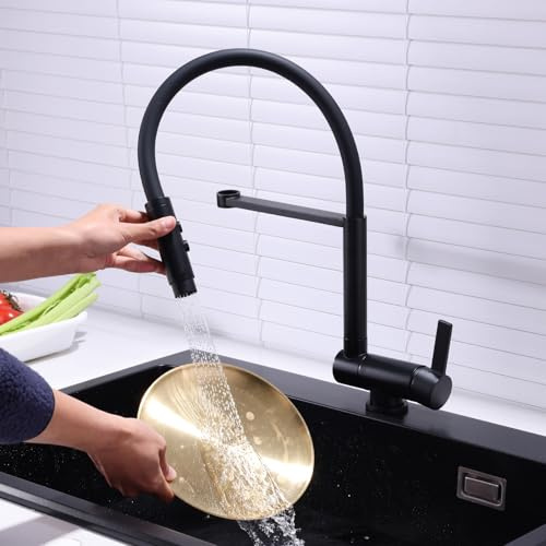 Grifo Cocina Abatible y Extraible Negro Grifo Monomando Cocina, Mezclador de Fregadero con Caño Flexible