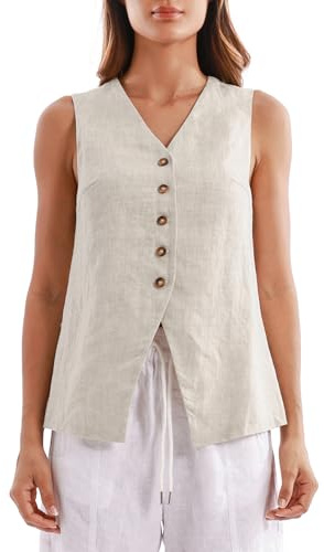 Amazhiyu Gilet de costume en lin pour femme - Gilet court sans manches en lin - Élégant - Col en V - Boutonné - Vintage, Lin, M