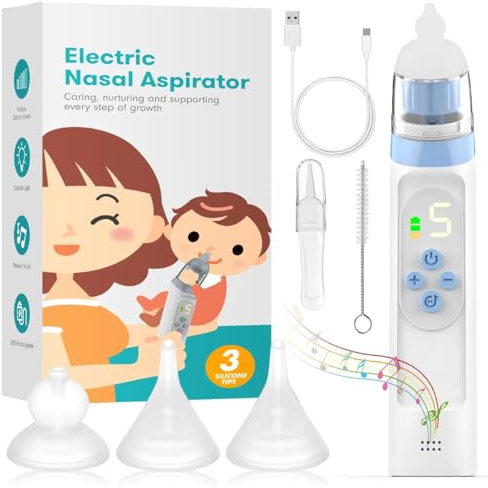 GIBOHOM Nasensauger Baby Elektrisch mit 5 Saugstufen, Elektrischer Nasensauger Baby Staubsauger mit Display, Usb-Aufladbar mit 3 Silikondüsen und Pinzette, Musikfunktion und Farblichtern