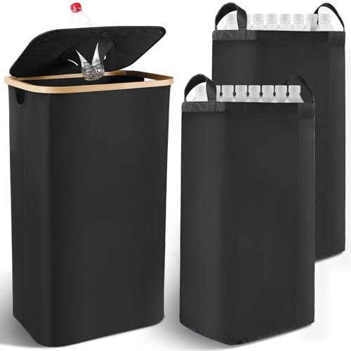 Jeffbaubl 110L Pfandflaschen Sammelbehälter, Groß Pfandflaschen Aufbewahrung mit Deckel & 2 Tragetasche, Pfandsammler Organizer mit Loch, Flaschensammler Leergut für Küche & Abstellraum, Schwarz