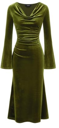 CIDER Samtkleid mit Wasserfallausschnitt, langärmelig, Midikleid, Grün , Mittel