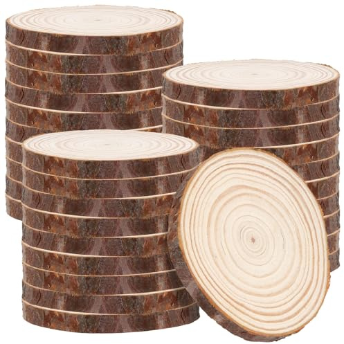 CHUEHKAK 40 Stück Holzscheiben Rund, Ø 9-10 cm, 10 mm Dick, Naturholz Baumscheiben mit Rinde, Holzplatte für Basteln, Tischdeko, Hochzeit,Untersetzer