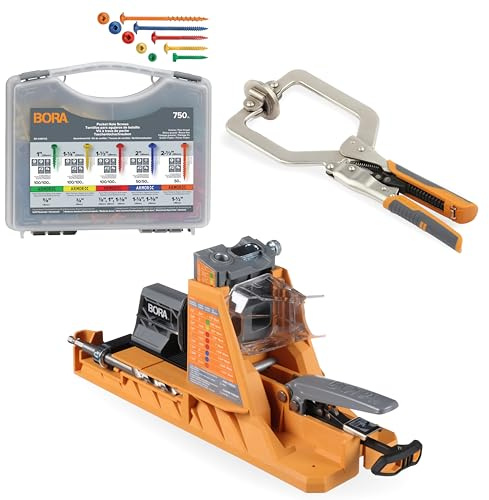 Bora Auto-Jig Pocket Hole System Project Kit– Includes Self-Calibrating Pocket Hole Jig with 50 Sample Screws, 3-Inch Face Clamp, 750pc Color-Coded Screw Set, for Fast & Accurate Joinery, BR-A170203