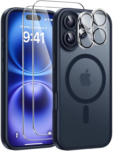 ivencase Magnetic for iPhone 16 Case with 2 Pack Screen Protector and 2 Pack Camera Lens Protector, Compatible with MagSafe, Shockproof Protective Translucent Matte Back Phone Case 6.1 Inch -Black
