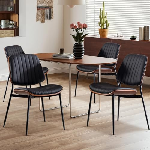 SoarFlash Chaises De Cuisine Modernes,Chaises De Cuisine À Garniture en PU avec Pieds en Métal, Dos en Noyer Et Pieds Ajustables, Lot De 4, Noir