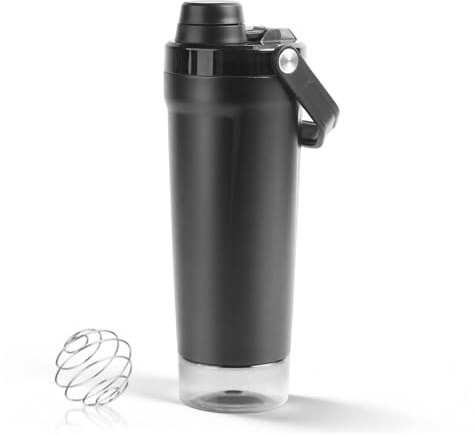 X SIM FITNESSX SUS304 - Botella coctelera de proteínas con compartimento para polvo, acero inoxidable, con asa y recipiente de almacenamiento, 500 ml + 200 ml, color negro