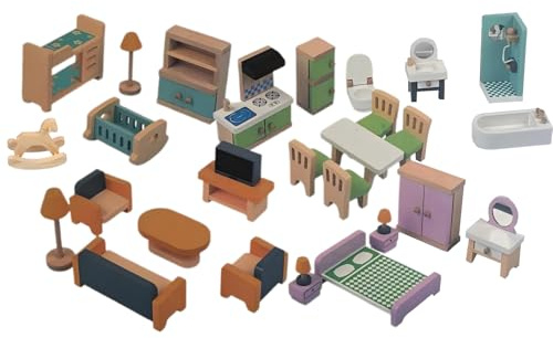 Dockhusmöbler i trä – miniatyrleksset, realistiska rulltillbehör, material trä | förskola dagis fantasiset | party resor klassrum rollspelssamling