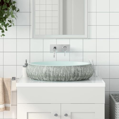 Mokuyary Vasque à poser gris et bleu ovale 59x40x15 cm céramique Lavabo, Vasque à Poser au-dessus du Comptoir pour Salle de Bains, WC d'invités, Hôtel, Toilettes