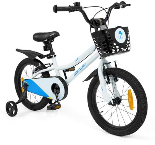 COSTWAY Barncykel med korg, 16 tums cykel med höjdjusterbar sadel och styre, barncykel med klocka, stänkskärm, V-bromsar och stödhjul för 4–7 år, pojkar och flickor (vit)