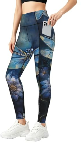 ZXERTG konst blå trollslända tryck mode leggings för kvinnor, kompression gymkläder, för fitness och vardagskläder, Svart, L