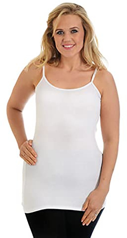 Purple Hanger Womens New Plain Sleeveless Ladies Stretch Round Scoop Neckline Long Strappy T-Shirt Camisole Vest Tank Top White Size 14-16