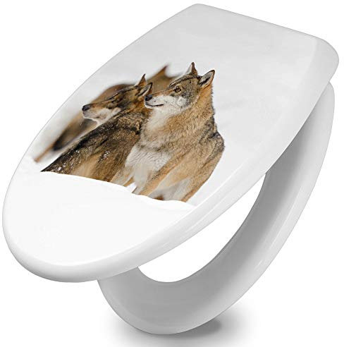 banjado Toilettendeckel mit Absenkautomatik 44,5x37cm / WC Brille Soft Close/hygienischer Toilettendeckel/Klodeckel Duroplast Edelstahl Scharniere einfache Montage/Motiv Wölfe
