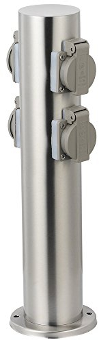 Grafner Edelstahl Design Gartensteckdose mit 4 Steckdosen, IP44, rund, Klarlack-Beschichtung, Energiesäule Mehrfachsteckdose Outdoor Metall Außensteckdose 4-fach