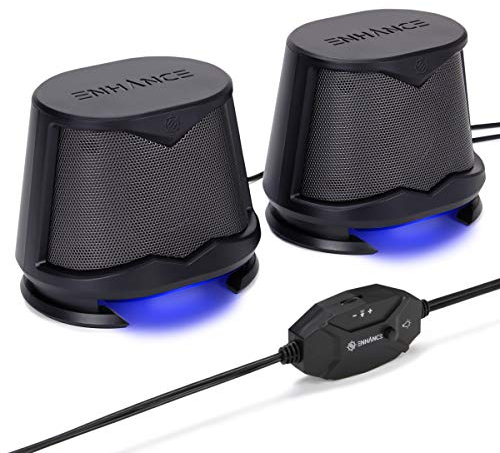 ENHANCE Altoparlanti SB2 per PC con luci LED blu e design alimentato tramite USB 2.0, suono di picco da 10 W, connessione cablata da 3,5 mm, controllo del volume in linea, compatibile con desktop da