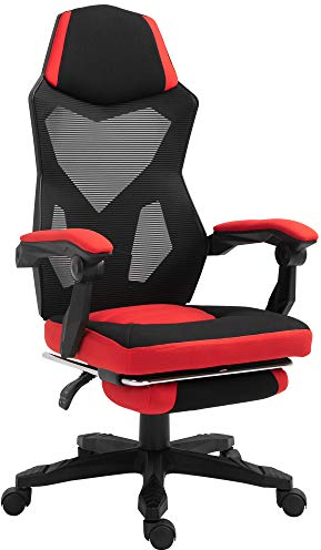 Vinsetto Ergonomischer Bürostuhl, Gaming Stuhl, Drehstuhl mit Fußstütze, PC Stuhl, Chefsessel, höhenverstellbar, Polyester, Schwarz+Rot,58 x 63 x 112-122 cm