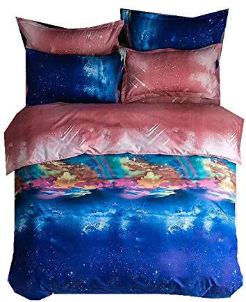 Sticker Superb. 3 Teilig Bettwäsche Set (1 Bettbezug+ 2 Kopfkissenbezug), Blau Violett Galaxie Der Weltraum Kosmos Stern Bettdeckenbezug mit Reißverschluss Polyester (Galaxie 5, 135 x 200 cm)