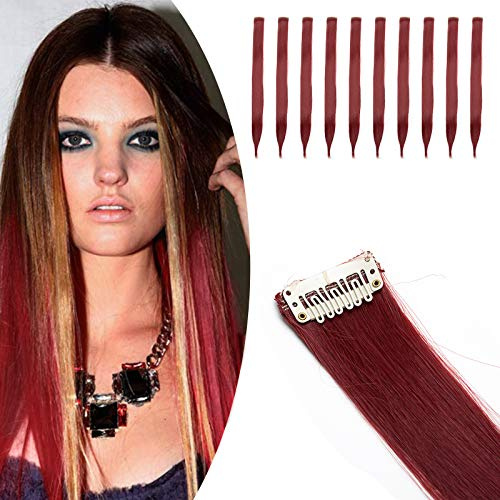 20(50cm) SEGO 10PCS Extensiones de Colores de Pelo Clip [Rojo Oscuro] Mechas Fantasía para Niñas Muñecas Pelo Sintético Se Ve Natural Postizos Accesorios Lisos (80g)