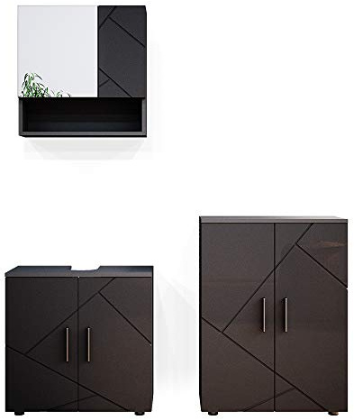 Vicco Badmöbel-Set Irma, Anthrazit Hochglanz, 80 cm | besteht aus Waschbeckenunterschrank, Spiegelschrank und Midischrank