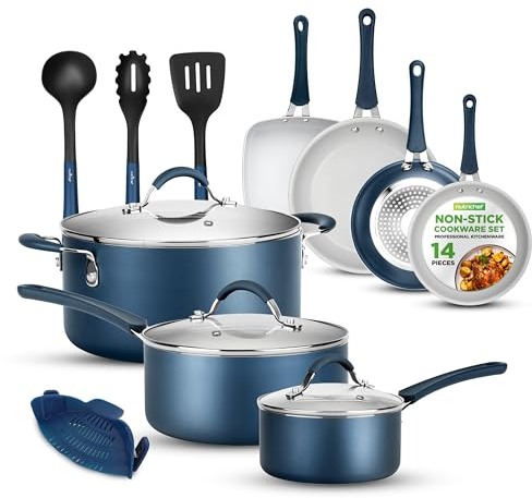 NutriChef Stackable Pots and Pans Set - Ceramic Non Stick Pan Set, Induction Hob Cookware Set, Premium Cooking Set w/Lids, Heat Resistant, 14 Pcs, Blue