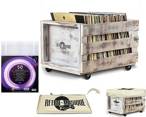 Retro Musique wooden 12 Zoll LP Vinyl Aufbewahrungsbehälter für bis zu 100 Alben auf Rädern (PVC-Hülle), Hessischer Stoffbezug enthält 40 Vinyl-Scheiben (Waschlack)