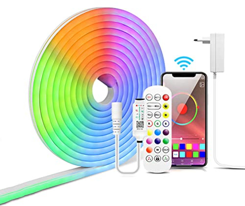 RGB Neon LED Streifen Strip, Neon Led Strip mit App-Steuerung, IP65 Silikon LED Streifen mit Fernbedienung, Multi-Farbwechsel Bluetooth App Flexibel Lichtleiste mit Netzteil für Heim Outdoor DIY,1m