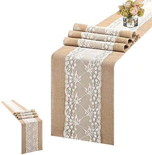 Jute Tischläufer Tischdecke Mit Weiß Spitze, Vintage Tischdeko Tischband Aus Natürliches Sackleinen, Rustic Burlap Juteband Tischdekoration Für Hochzeit Events Gartenparty (30*180cm)