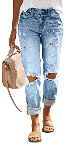 KUNMI Women's Ripped Mid Waisted Boyfriend Jeans Loose Fit Distressed Stretchy Denim Pants