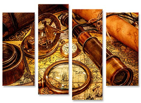 islandburner Bild auf Leinwand Vintage Lupe Kompass Fernrohr Und Eine Taschenuhr Die Auf Einer Alten Karte Wandbild Poster Kunstdruck Bilder