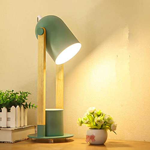 SXYSXYSXY Modern Holz Schreibtischlampe Nordic Kinder Leselampe Metall Büro Arbeitsleuchte Retro Klassische Studierlampe LED Verstellbarer Kopf Tischlampe Schlafzimmer Nachttischlampe E27,Grün