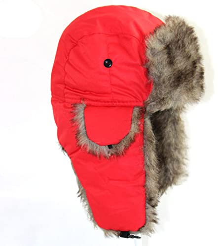 DEPAJA Russische Mütze Herren Damen Unisex Warm Trapper Aviator Trooper Earflap Winter Flaps Skimütze Bombermützen Russische Skimütze Kunstpelzmützen,Rot,50-60Cm