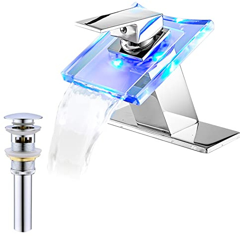 Bathroom Waterfall Faucet Chrome LED Glass Spout with Overflow Drain Stopper Single Handle One Hole Modern Design Bath Basin Tap 3 Color Changing Battery Powered Lavatory Vanity Sink Deck Mount
