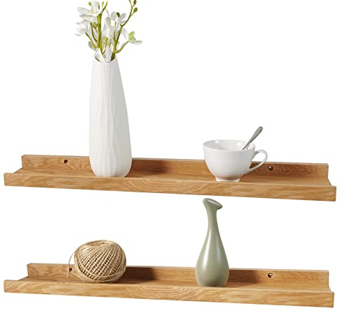 Recogwood Wooden Shelves-2pcs 60cm Floating Shelf Wall Mounted, Solid Oak Wood Wall Shelves, Wooden Picture Ledge Shelves for Bedroom, Bathroom, Living Room, Kitchen, Home Office, Laundry room