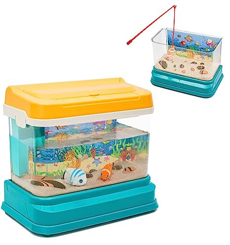 Aquarium Fishing Toy for Kids Mini Aquarium Artificial Fish Tank with Moving Fish*4 Fishing Pole Light and Music Fake Sensory Ocean for 3+ Years Old Toddlers Boys Girls