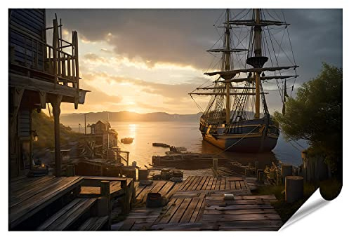 islandburner XXL Bild Poster Piraten Schiff mit Blick auf alte Segelschiffe Meer Sonnenuntergang Scenery Vint Premium Bilder Fotodruck IXXH-PGR