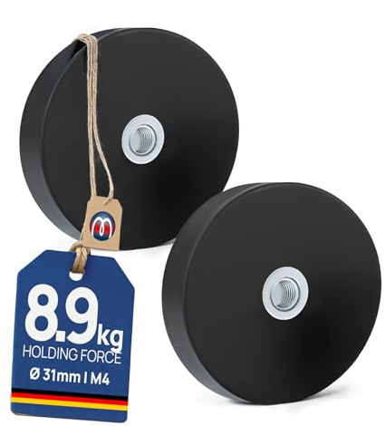 2 x Neodym Magnet-System gummiert Innengewinde - Durchmesser Ø 31 mm - Innen-Gewinde: M4 - Haftkraft 8,9 kg - 2 Stück - NdFeB Magnetsysteme mit Gummimantel - Anti-Rutsch-Beschichtung
