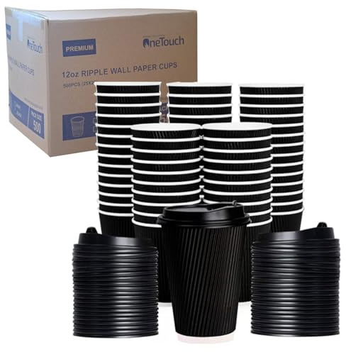 A406 Black Disposable 8oz Coffee Cups Ripple 3 Ply Disposable Insulated Paper Cups for Tea Coffee Cappuccino Hot Drinks Cold Drinks (Without Lids)