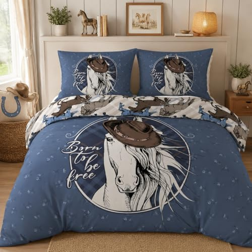 SYHIEGO Housse de Couette 200x200 Jean Bleu Chevaux Réversible Treillis Parure de Lit 2 Personnes Animaux Microfibre Linge de Lit + 2 Taies d'oreiller 65x65cm + Fermeture Eclair pour Adulte Enfant