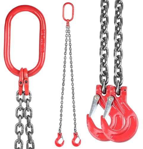 DBREAKS Catena di Sollevamento, 2 fili da 8 mm, 2m con Ganci, 2T Imbracatura a Catena, gancio a forcella e gancio di accorciamento