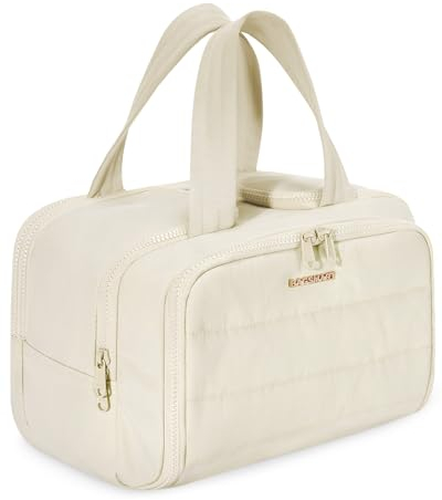 BAGSMART Reise Kulturbeutel Kulturtasche Damen, Große, Weit Offene Reisetasche für Frauen, Toiletry Bag Kosmetiktasche Make up Organizer mit Griff für Zubehör, Essentials, Toilettenartikel, Beige