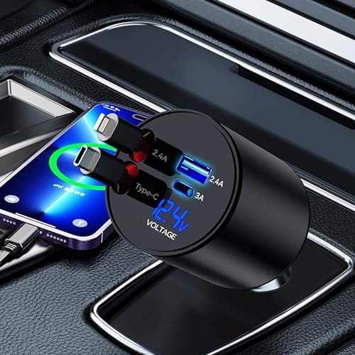 GLILAVOX Einziehbares Auto Ladegerät, Kfz Ladegerät Kompatibel mit iPhone und Typ-C Kabel, 60W Handy Schnellladegerät Zigarettenanzünder Adapter mit Galaxy S25/Ultra/S25+/iPhone 17 Pro Mehrere Geräte