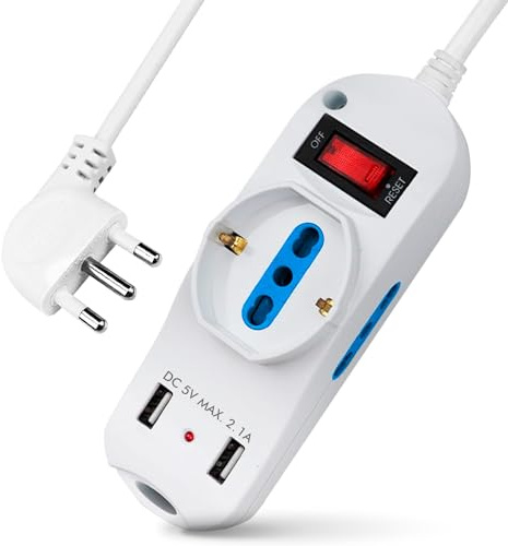 ProTool Multipresa Ciabatta Elettrica 5 posti, 2 prese bivalenti 2P+T 10/16A bipasso + 1 presa polivalente 10/16A bipasso/Schuko + 2 USB (5 V, max 2,1 A), cavo 1.5 m spina 16A 2P+T, colore bianco
