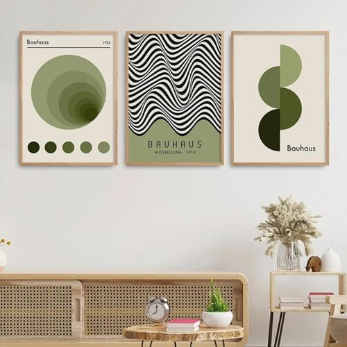 KemneT Bauhaus-grüne grafische Poster und Kunstdrucke abstrakte Linie Leinwandgemälde moderne Wand Bilder Bild Wohnzimmer Inneneinrichtung Heimdekoration 50 x 70 cm x 3 ungerahmt