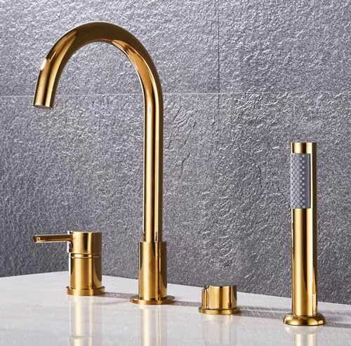 NBTRXWAFR 4-Loch Wannenrandarmatur Wannenkombination,Wannenarmatur Kalt Und Kalt Multifunktions Wasserhahn, Badewanne Armatur Mit Ausziehbarem Handbrause,Gold